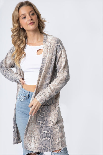 Saurian Reptile Print Flannel Open Front Longline Cardigan