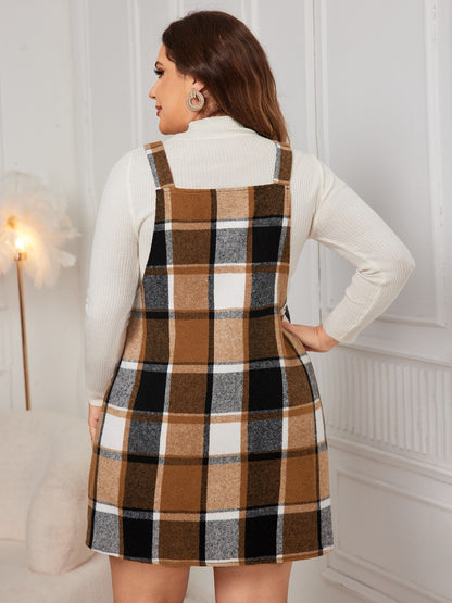 Genteel Grace Plus Size Plaid Wide Strap Overall Dress