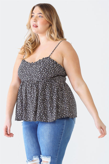 Enchanté Plus Size Frill Smocked Floral Sweetheart Neck Cami