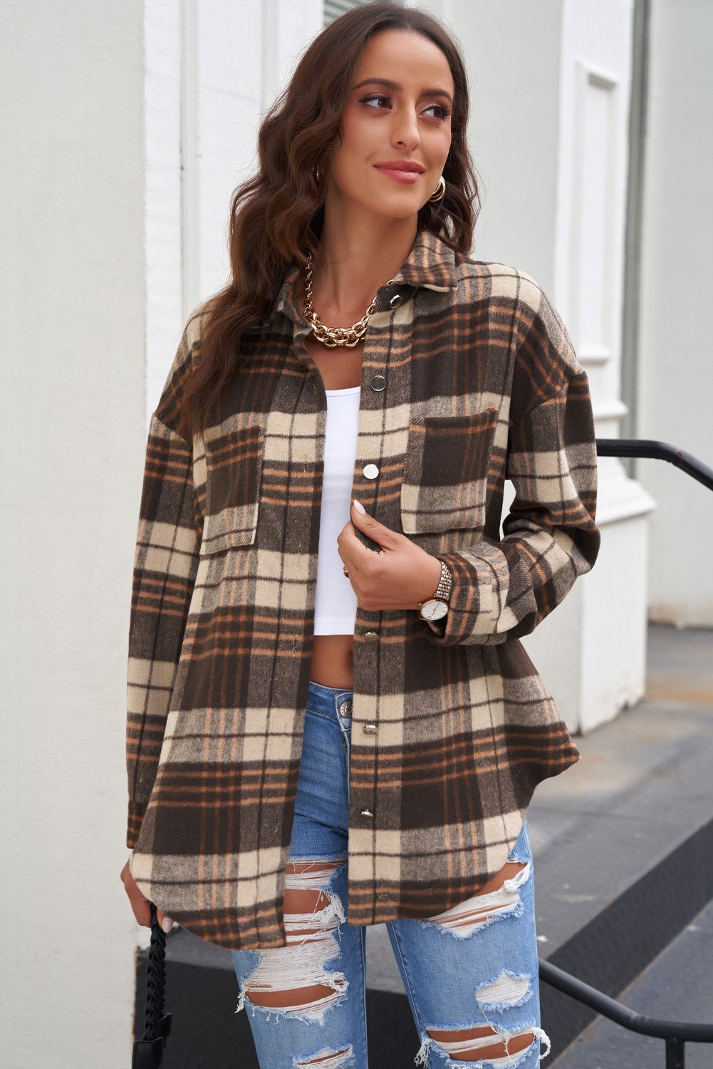 Bramblewood Plaid Curved Hem Longline Shirt Jacket