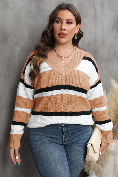 Spellbound Plus Size Striped V-Neck Dropped Shoulder Sweater