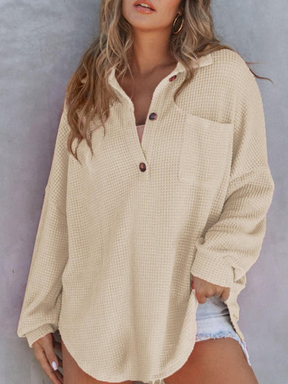 Cozy Cascade Waffle-Knit Dropped Shoulder Long Sleeve Sweatshirt