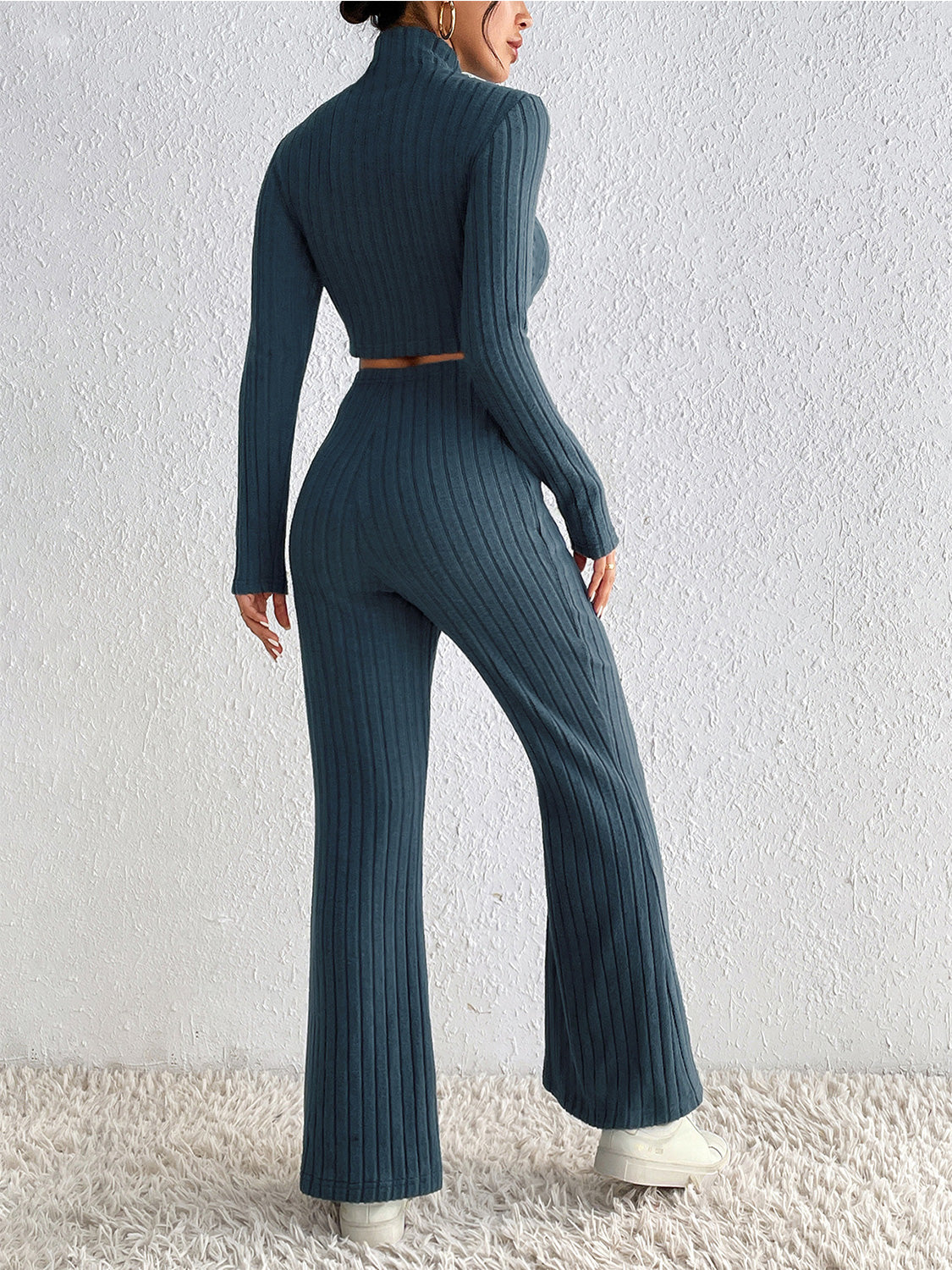 Foxglove Ribbed Mock Neck Cropped Sweater & High Waist Pants Set