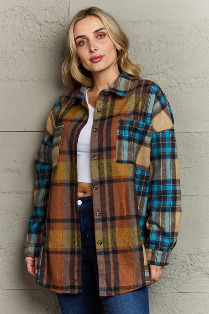 Mad Hatter Plaid Curved Hem Shirt Jacket with Chest Pockets