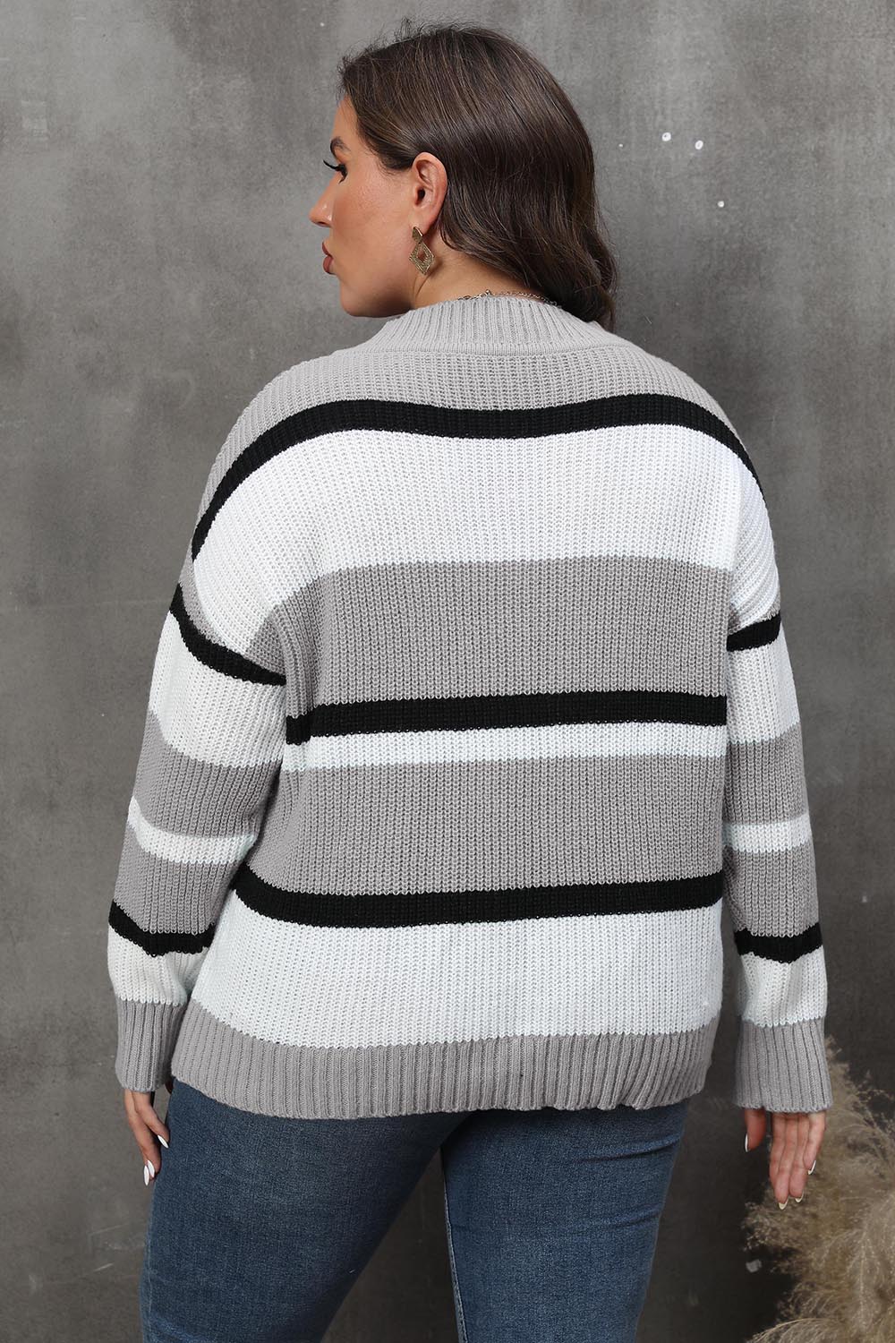 Spellbound Plus Size Striped V-Neck Dropped Shoulder Sweater