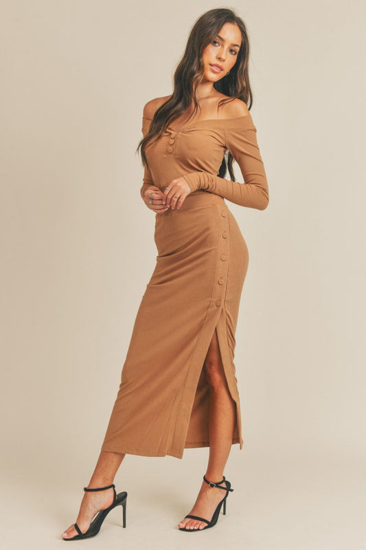 Graceful Aurora Button Detail Crop Top and Slit Midi Skirt Set