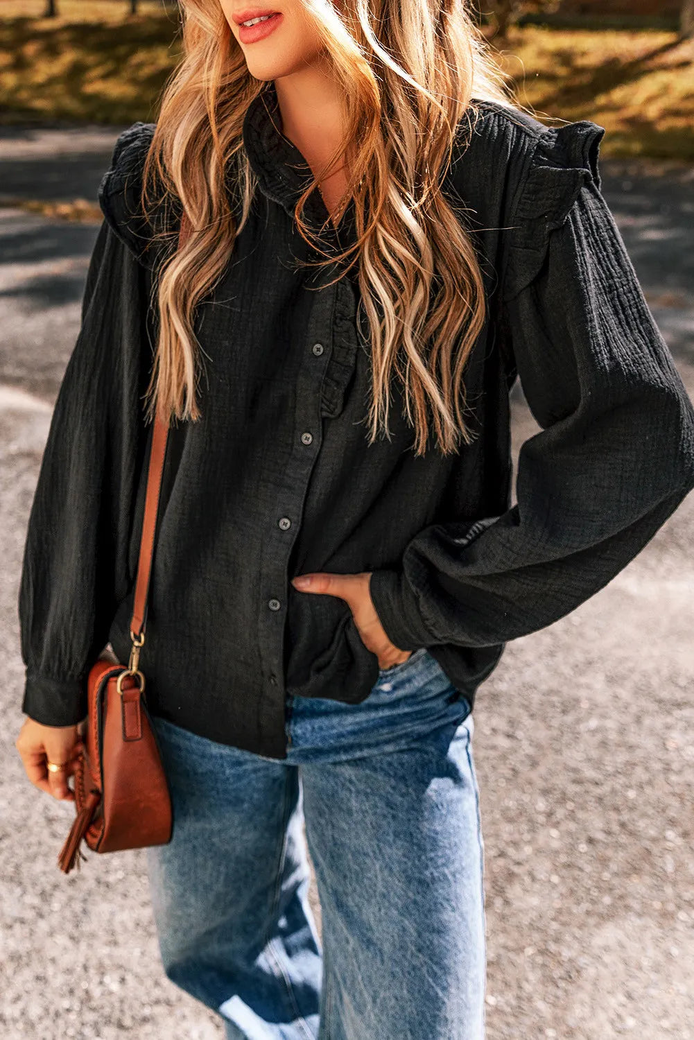 Ruffled Button Up Long Sleeve Shirt