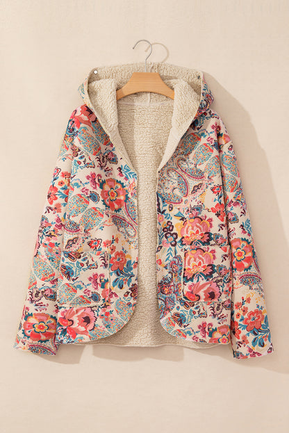 Gallery Opening Vintage Paisley Floral Printed Sherpa Lined Hooded Jacket