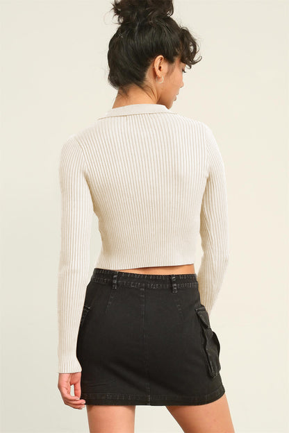 The Nightshade Double Zip Ribbed Cropped Cardigan - Vanilla