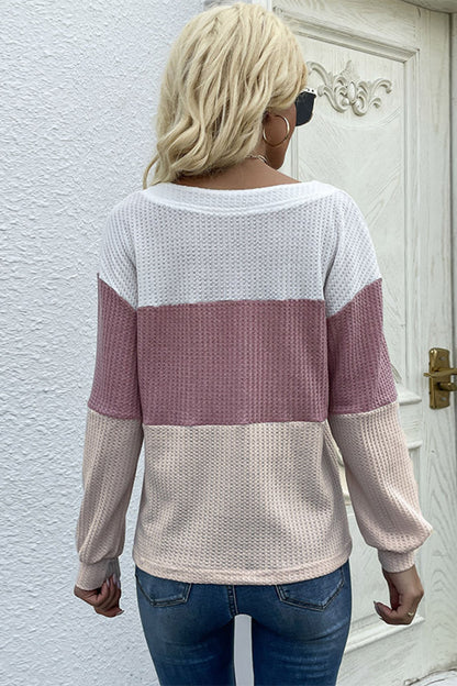 Sweet and Sour Color Block Waffle Knit Button Detail Top