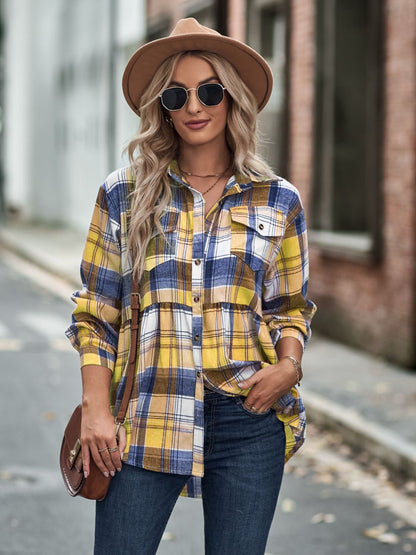 Timeless Textures Plaid Button Up Dropped Shoulder Shirt