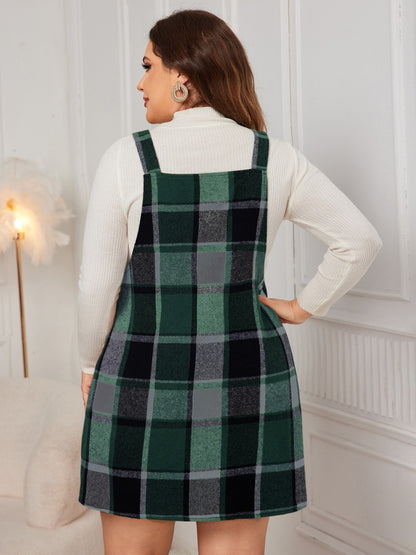 Genteel Grace Plus Size Plaid Wide Strap Overall Dress