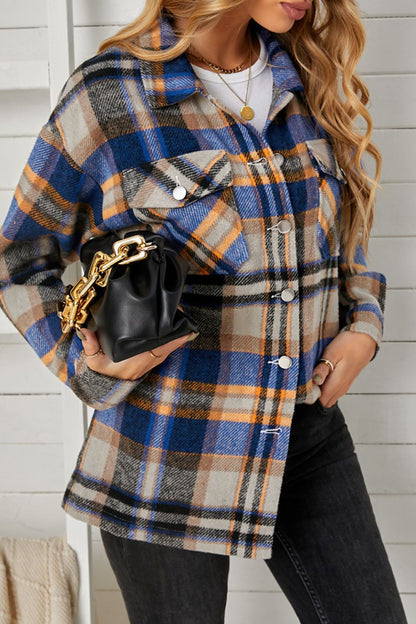 Cascade of Leaves Plaid Pocketed Button Down Shacket