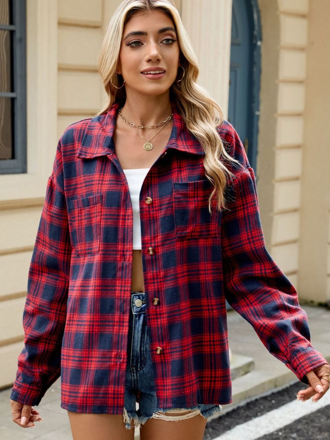 Twilight Tartan Plaid Saddle Shoulder Long Sleeve Shirt