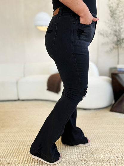 Inkwell Black High Waist Distressed Flare Jeans