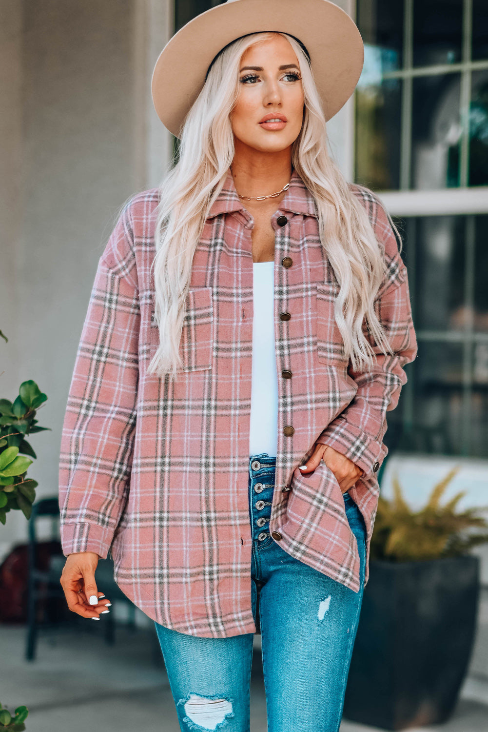 Bramblewood Plaid Curved Hem Longline Shirt Jacket