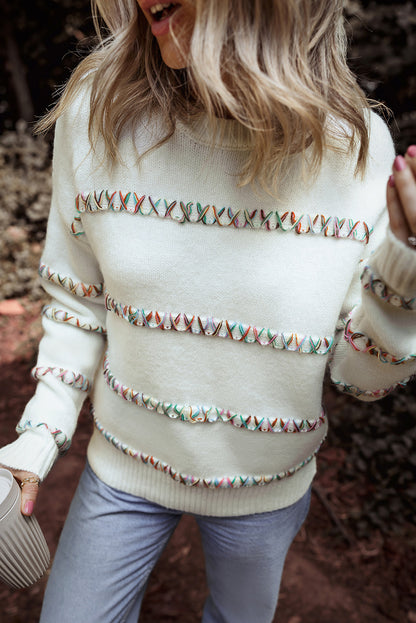 White and Rainbow Crossed Stitch Sweater