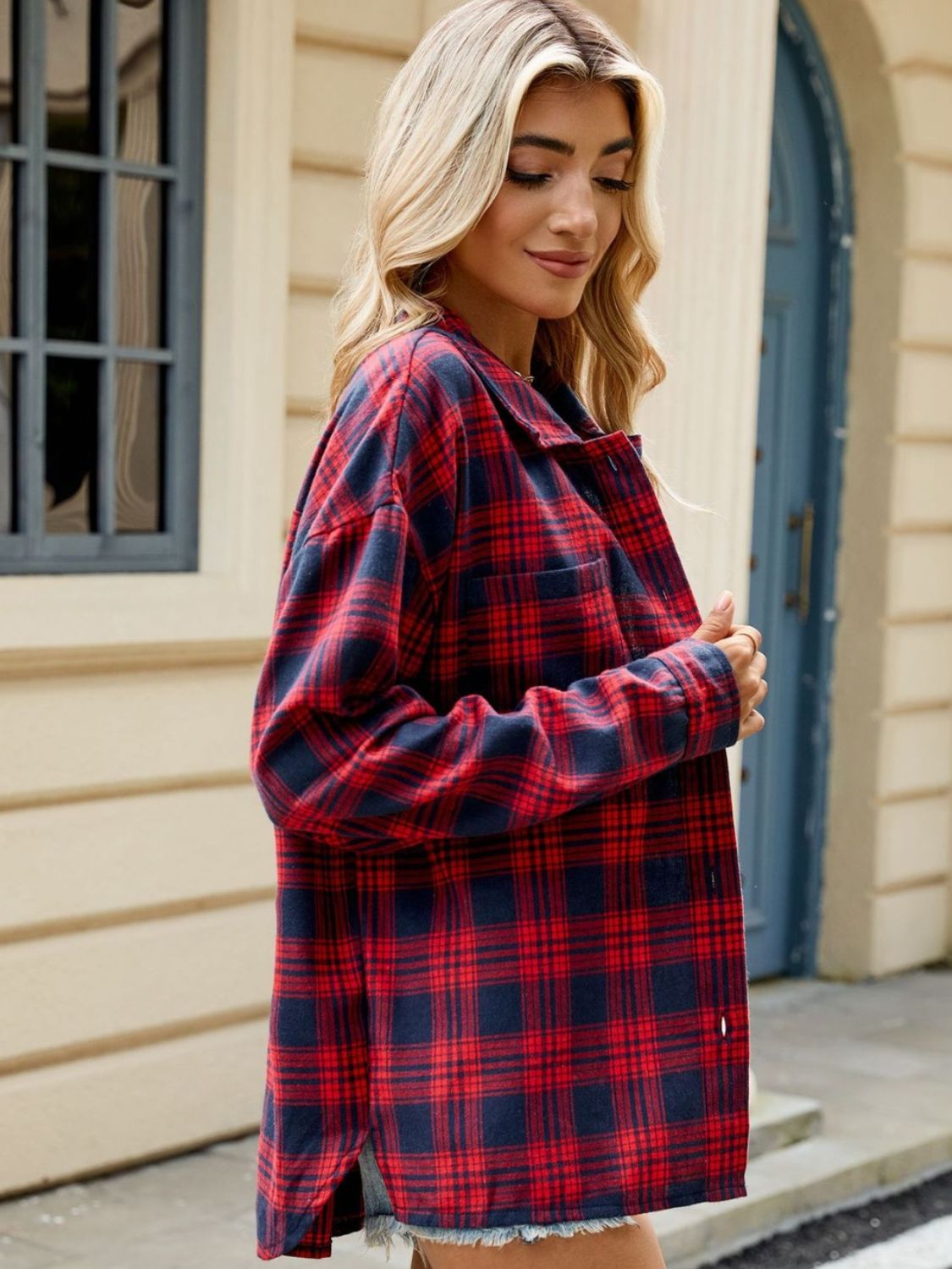 Twilight Tartan Plaid Saddle Shoulder Long Sleeve Shirt