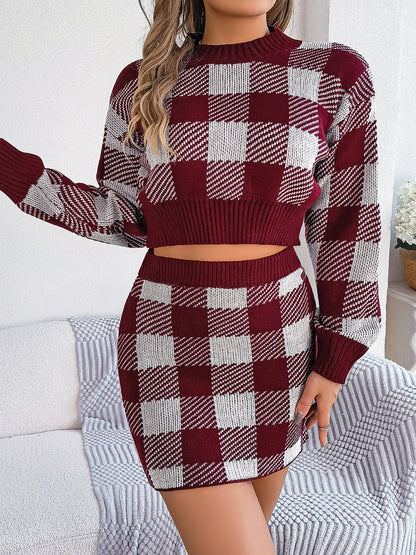 Picnic Plaid Round Neck Top and Skirt Sweater Set