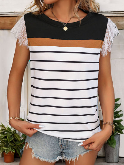 Vixen Veil Lace Detail Striped Round Neck Cap Sleeve T-Shirt