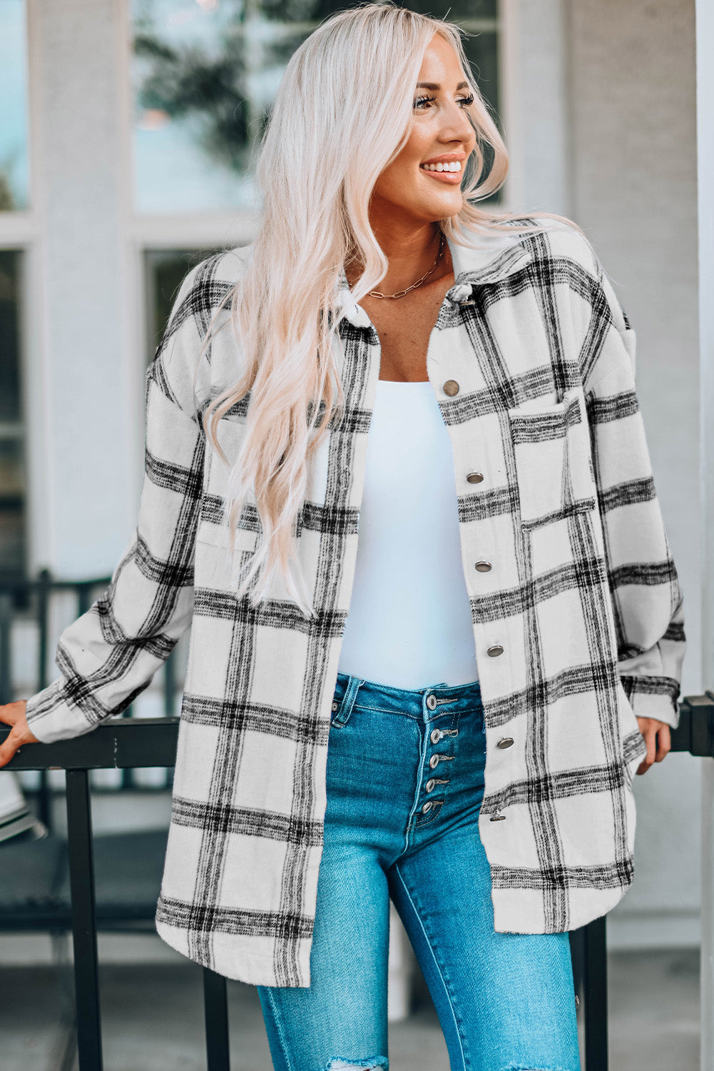 Bramblewood Plaid Curved Hem Longline Shirt Jacket