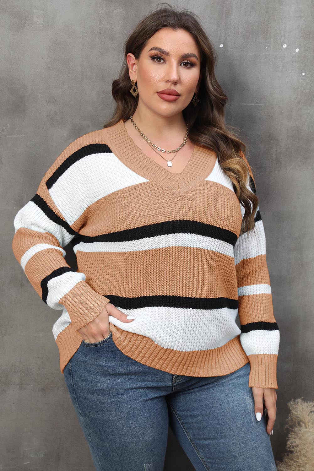 Spellbound Plus Size Striped V-Neck Dropped Shoulder Sweater