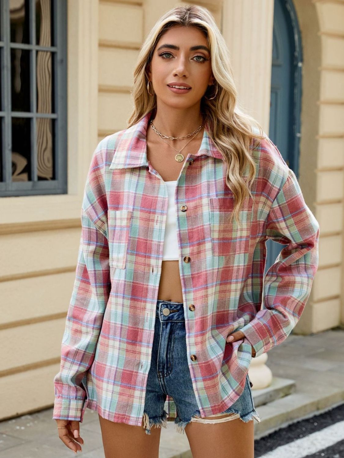 Twilight Tartan Plaid Saddle Shoulder Long Sleeve Shirt