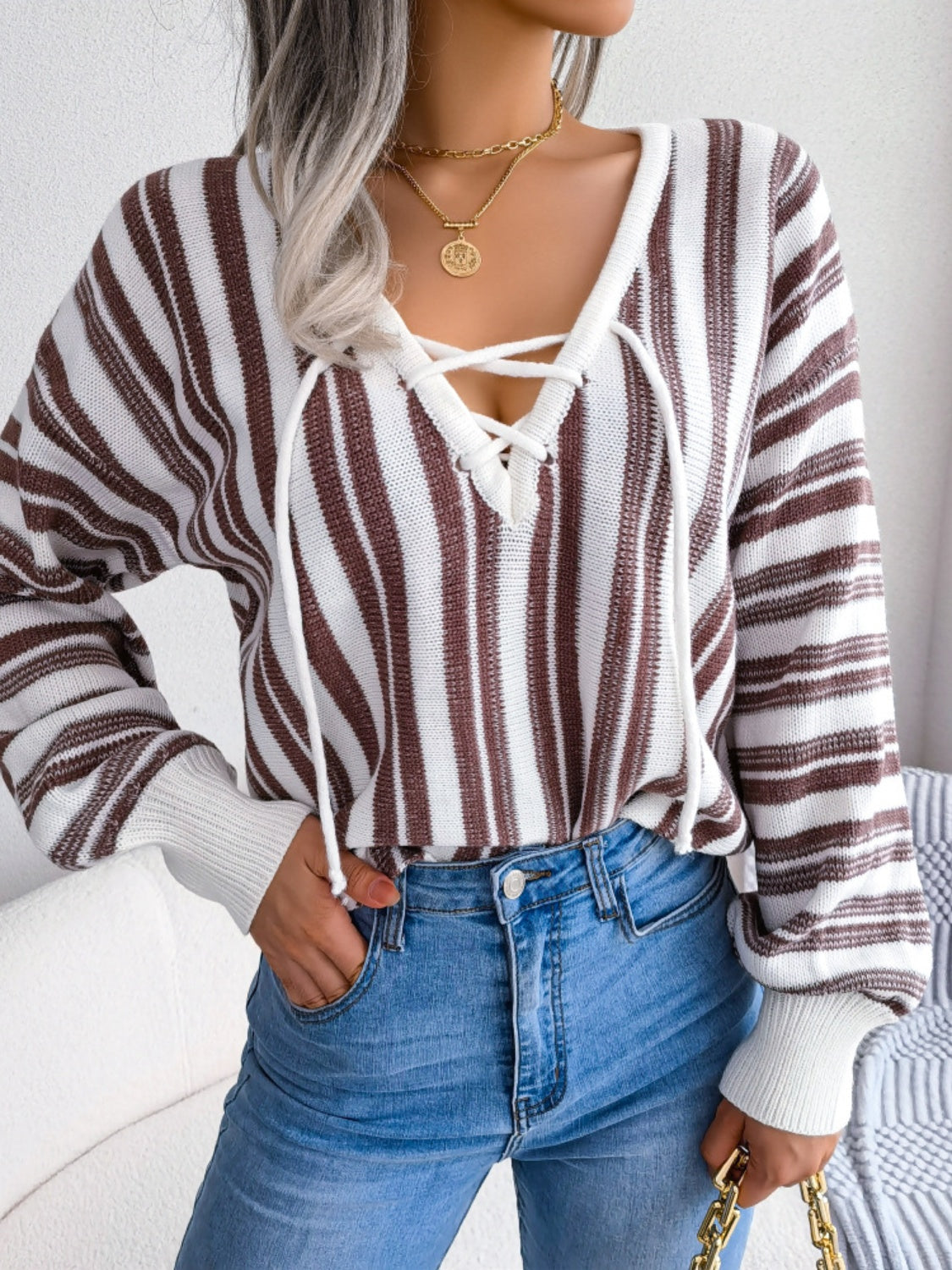 Midnight Magick Striped Lace-Up Long Sleeve Sweater