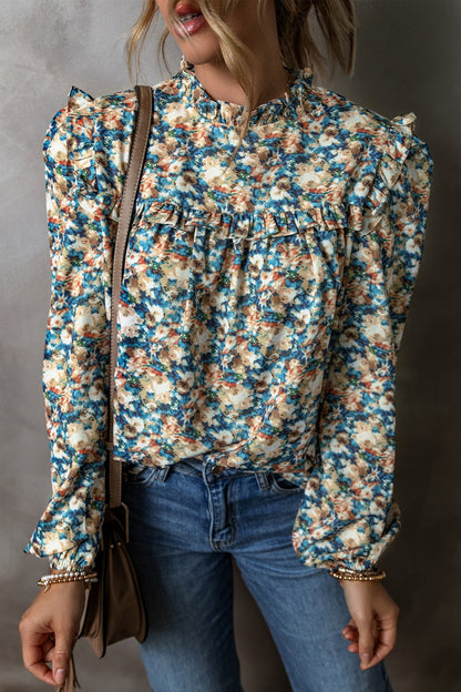 Briar Flowers Mock Neck Ruffle Shoulder Blouse