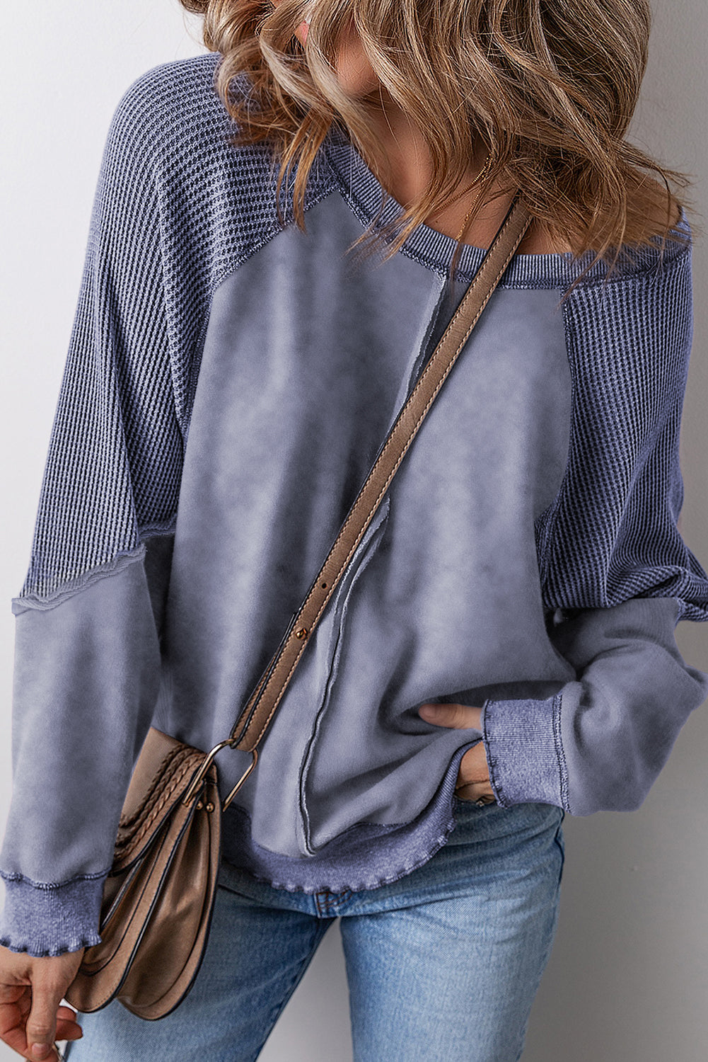 Minerva Mineral Wash Waffle Knit Reverse Seam Sweatshirt