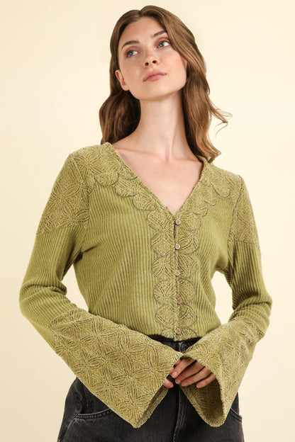 Noble Narrative V-Neck Lace Edge Button Down Crop Knit Top