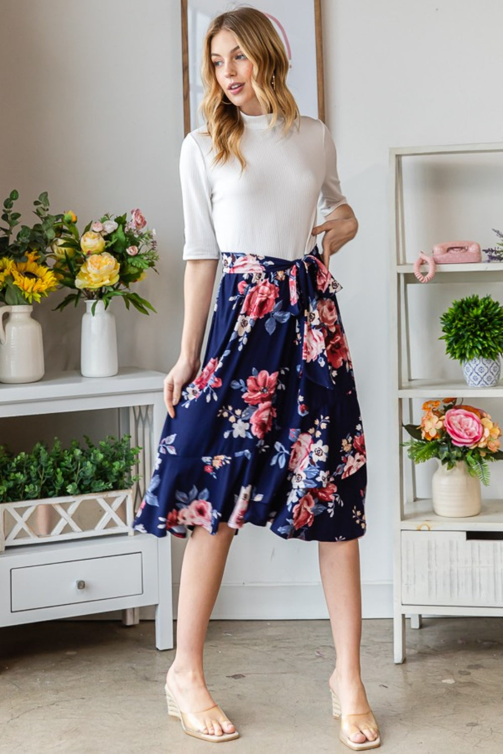 Lady Winsor Floral Wrap Ruffled Skirt Navy