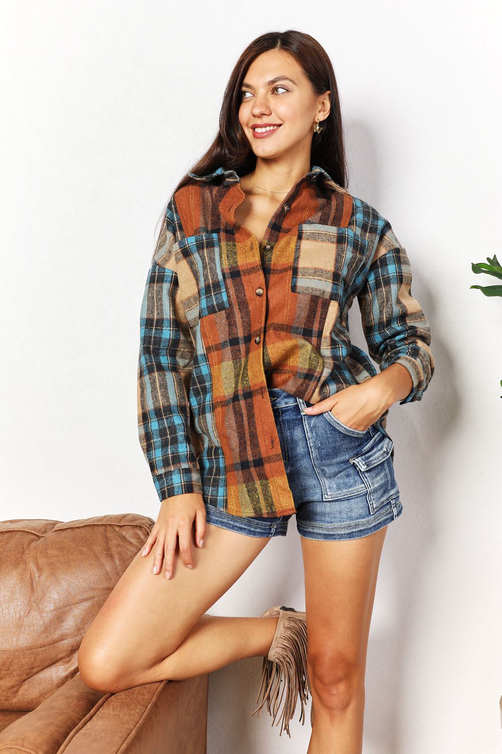 March Hare Plaid Curved Hem Shirt Jacket with Chest Pockets