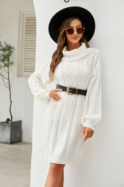 Isolde Cable Knit Turtleneck Lantern Sleeve Sweater Dress