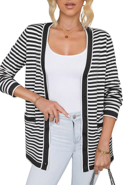 Optical Stripes Open Front Long Sleeve Cardigan