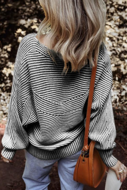 Travelers Tale Textured Striped Round Neck Long Sleeve Top