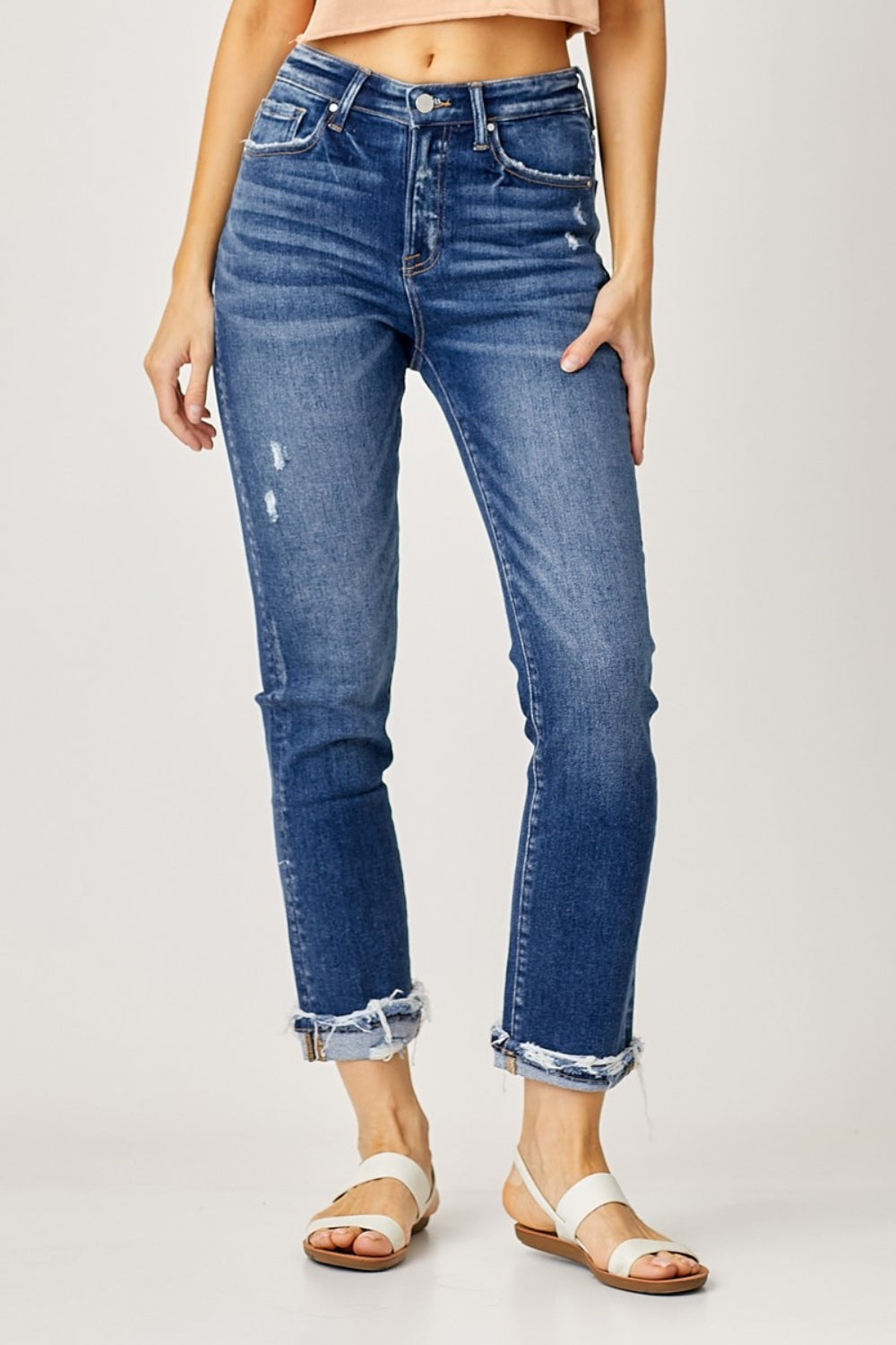 Soulknit High-Rise Frayed Cuff Straight Leg Jeans