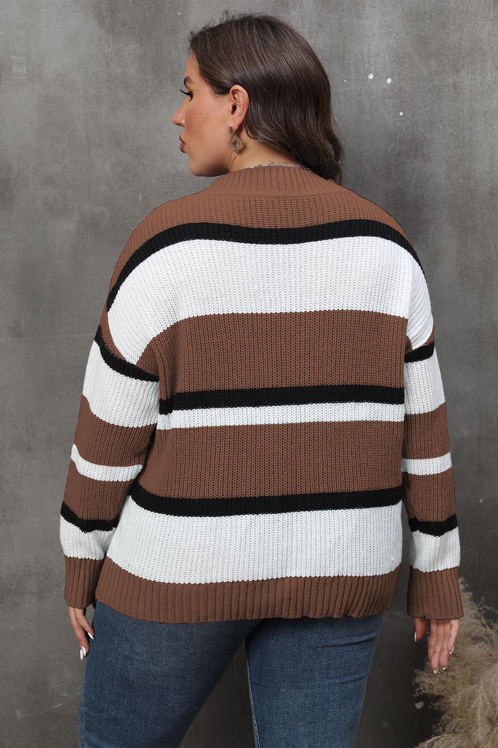 Spellbound Plus Size Striped V-Neck Dropped Shoulder Sweater