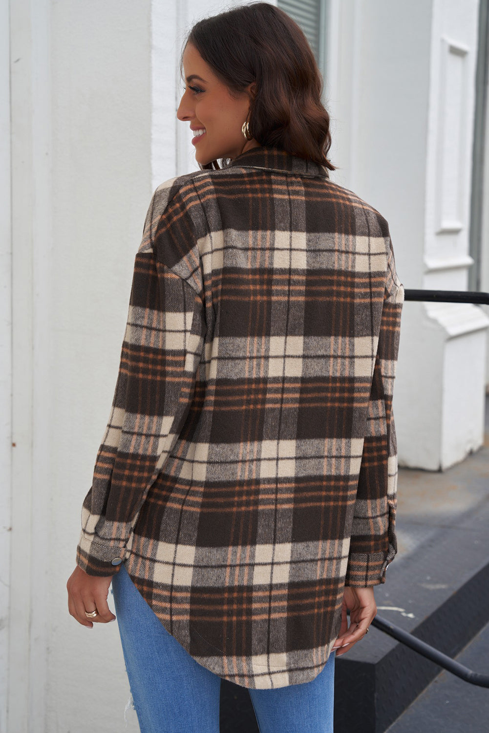 Bramblewood Plaid Curved Hem Longline Shirt Jacket