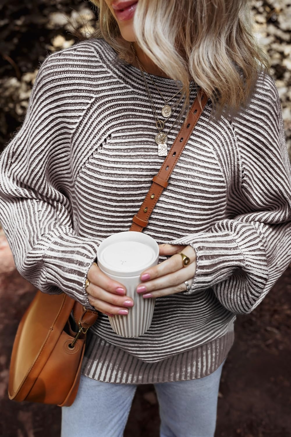 Travelers Tale Textured Striped Round Neck Long Sleeve Top