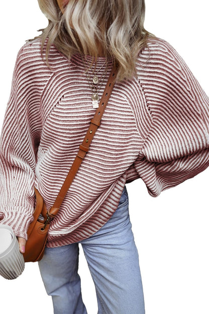 Travelers Tale Textured Striped Round Neck Long Sleeve Top