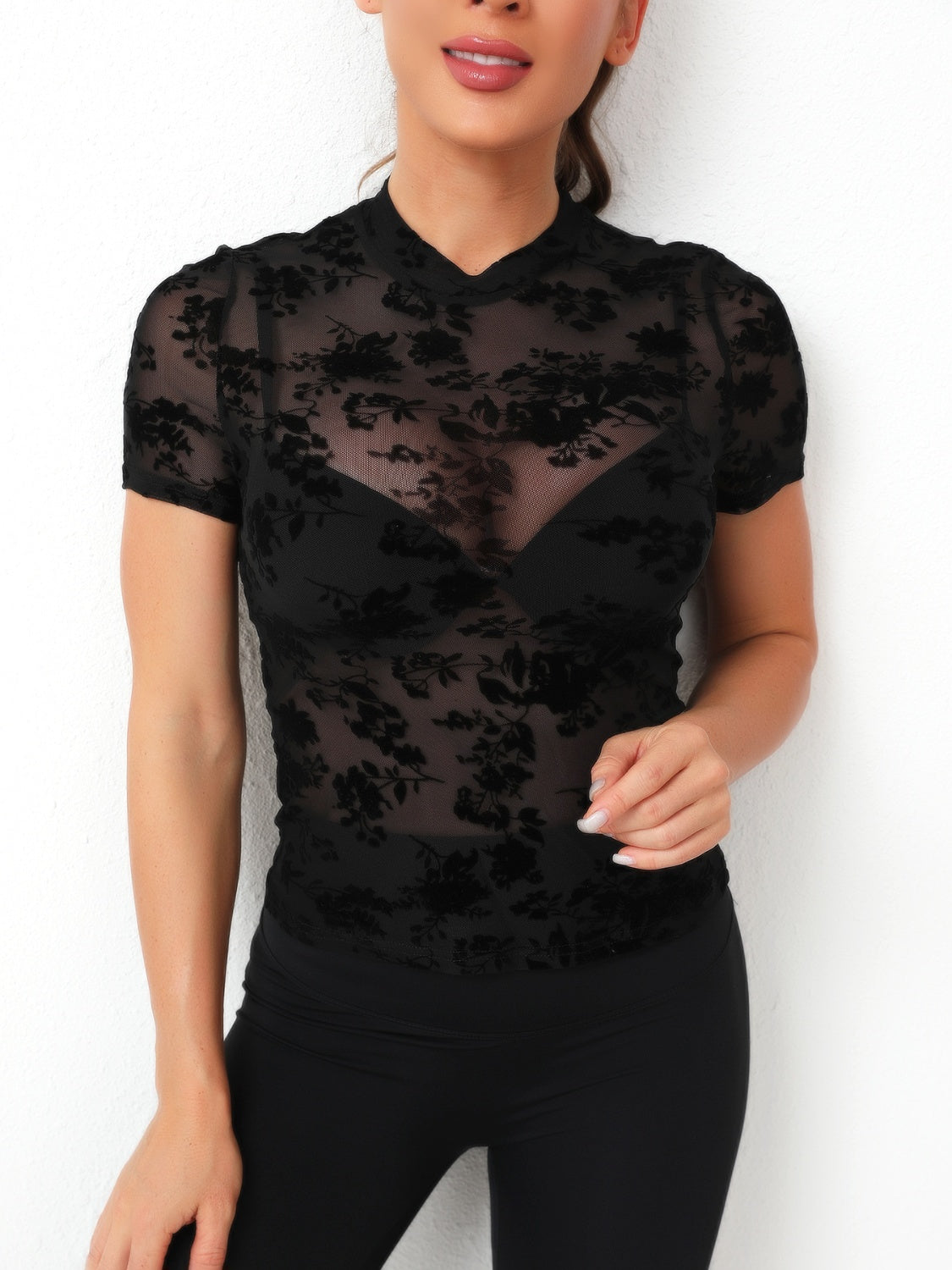 Color Me Envious Mock Neck Short Sleeve Sheer Top