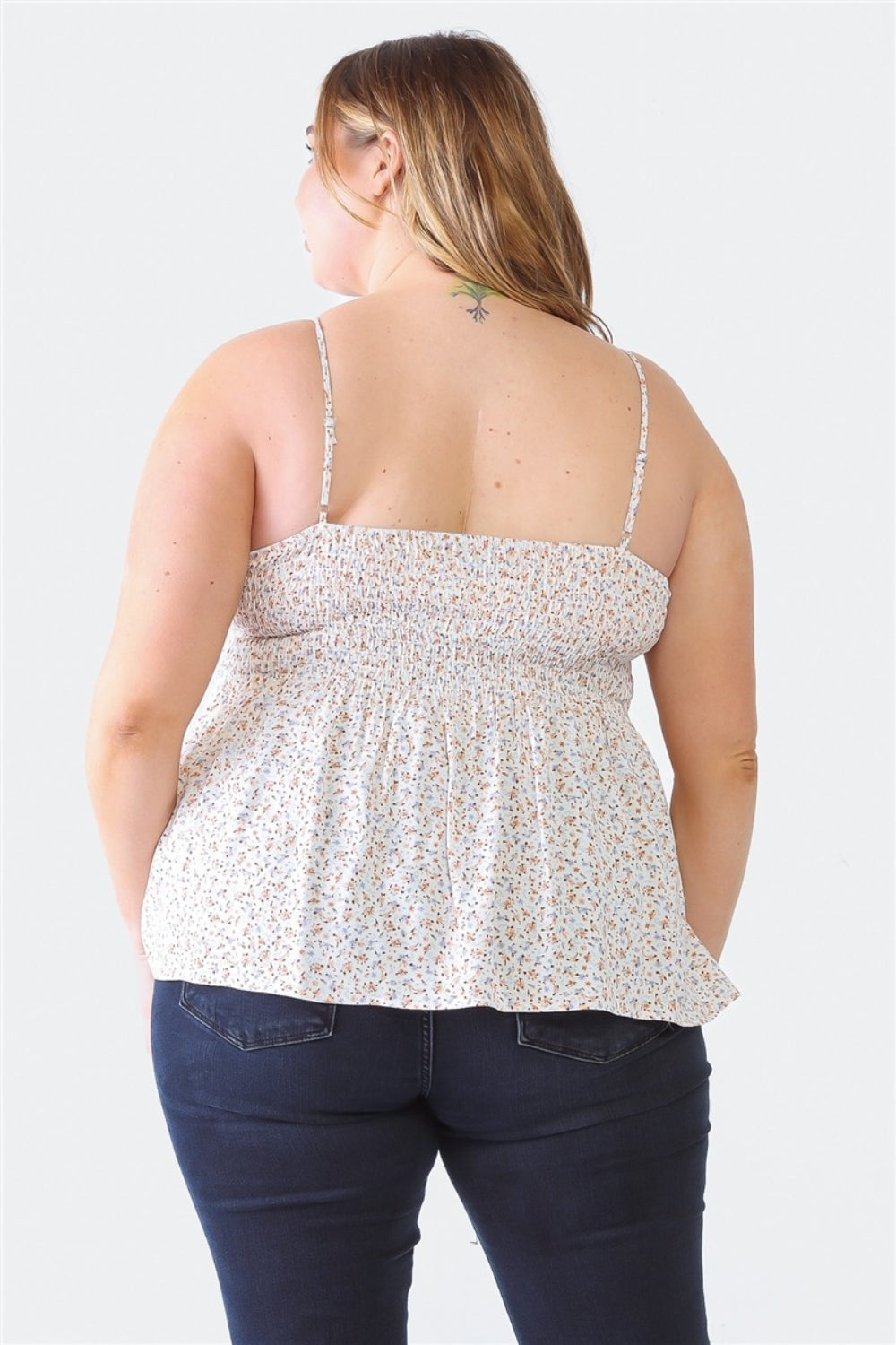 Enchanté Plus Size Frill Smocked Floral Sweetheart Neck Cami