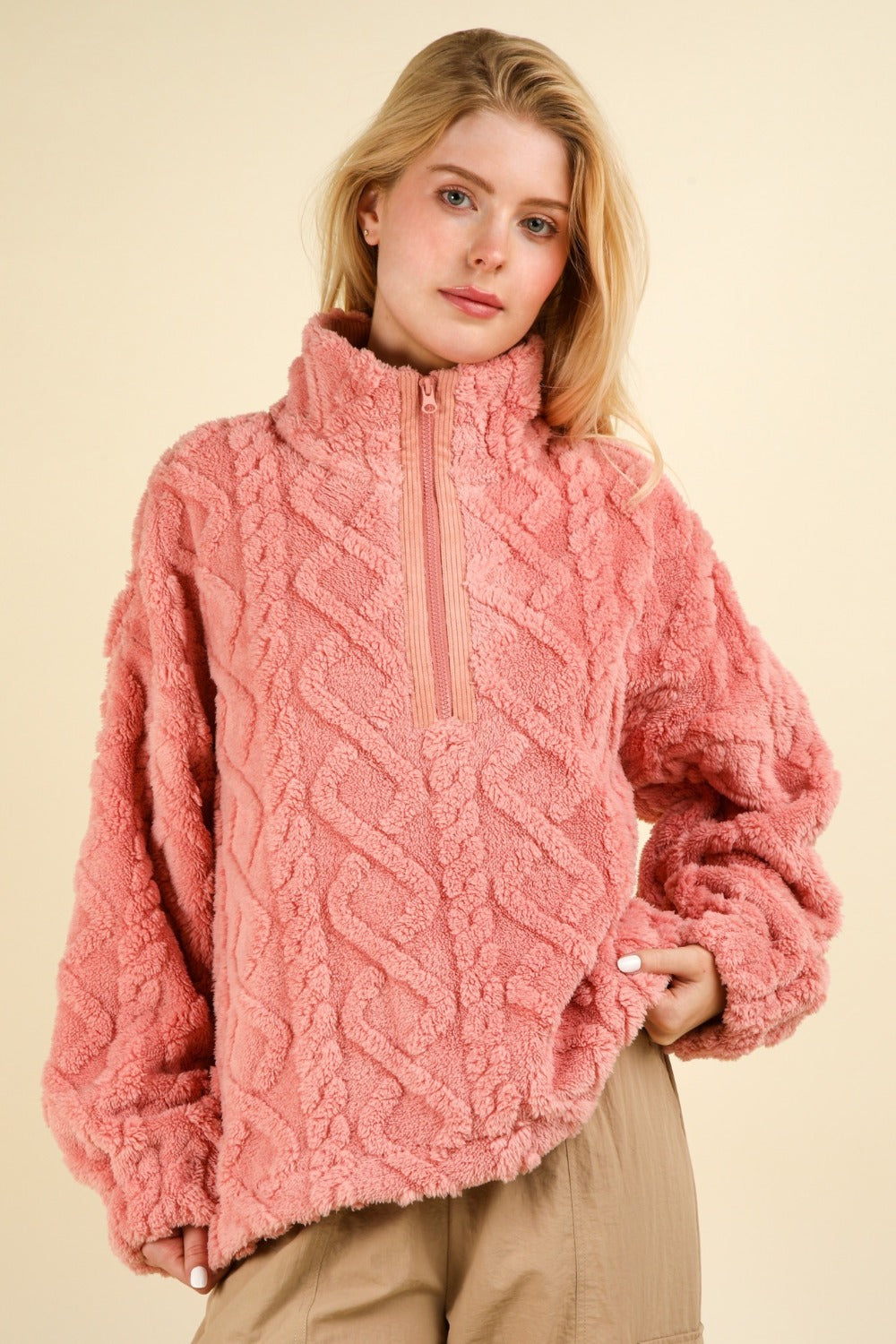 Pink sweater, cable knit sweater, half zip sweater 