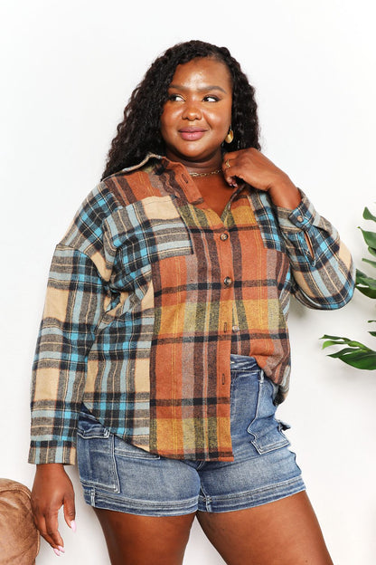 March Hare Plaid Curved Hem Shirt Jacket with Chest Pockets