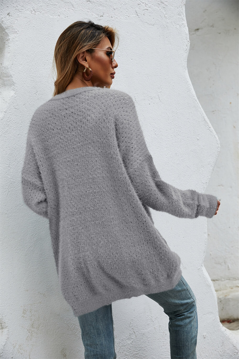 The Wispwool Open Front Openwork Fuzzy Cardigan with Pockets