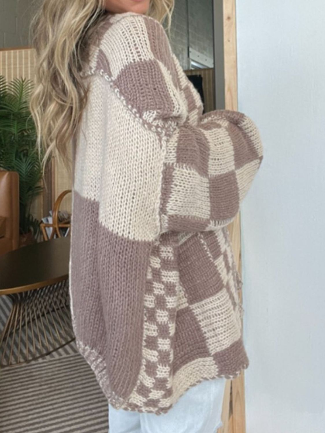 Nutmeg Plaid Open Front Long Sleeve Cardigan