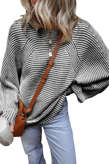 Travelers Tale Textured Striped Round Neck Long Sleeve Top