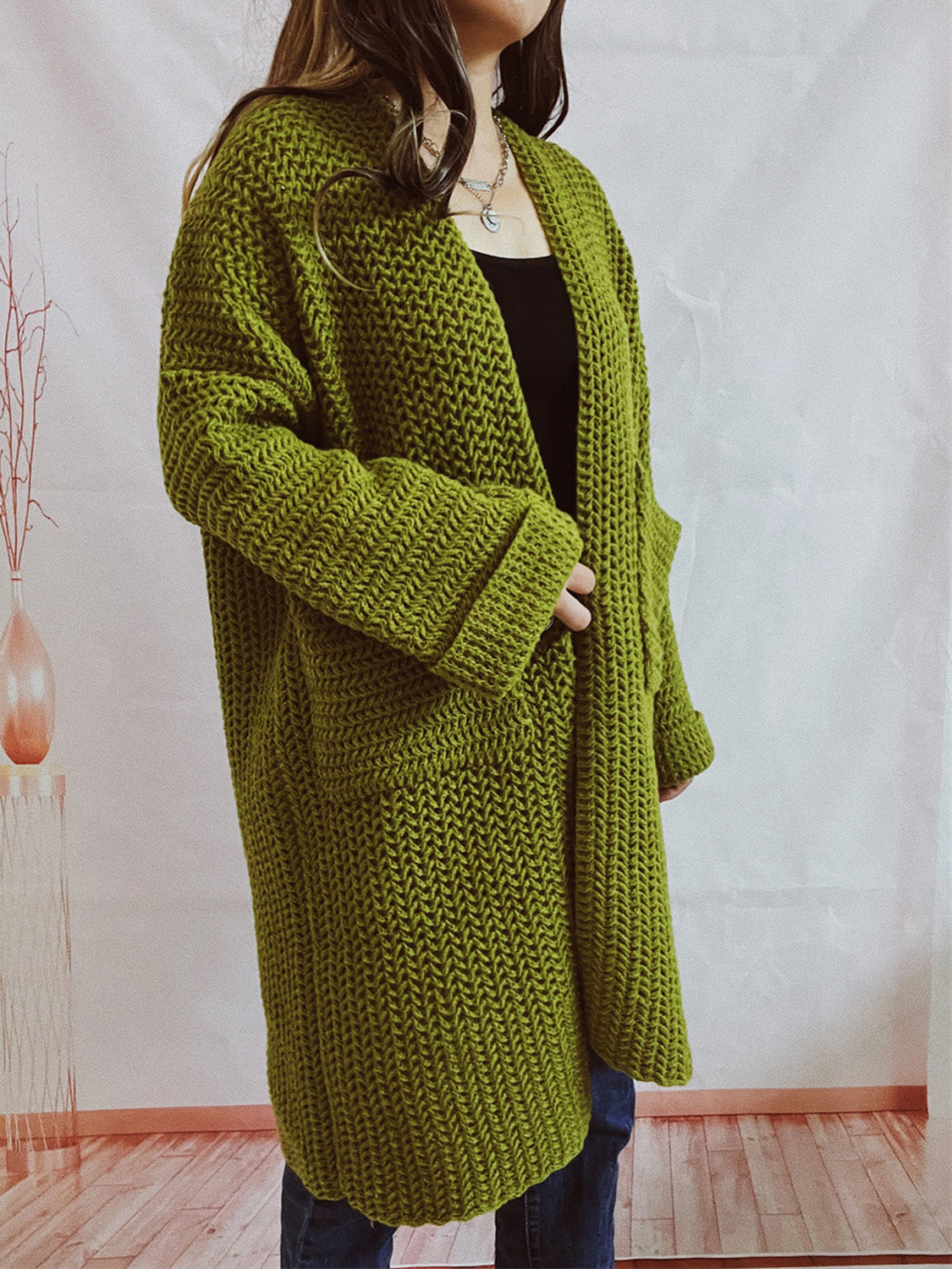 Open Front Long Sleeve Cardigan with Pockets