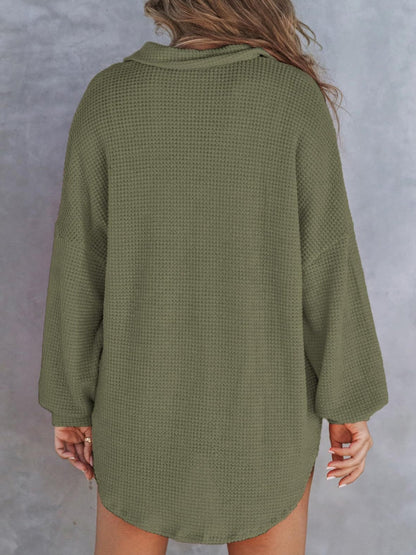 Cozy Cascade Waffle-Knit Dropped Shoulder Long Sleeve Sweatshirt